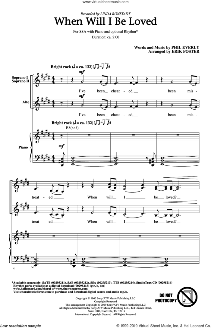 When Will I Be Loved (arr. Erik Foster) sheet music for choir (SSA: soprano, alto) by Linda Ronstadt, Erik Foster and Phil Everly, intermediate skill level