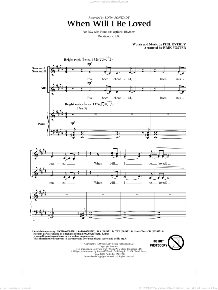 When Will I Be Loved (arr. Erik Foster) sheet music for choir (SSA: soprano, alto) by Linda Ronstadt, Erik Foster and Phil Everly, intermediate skill level