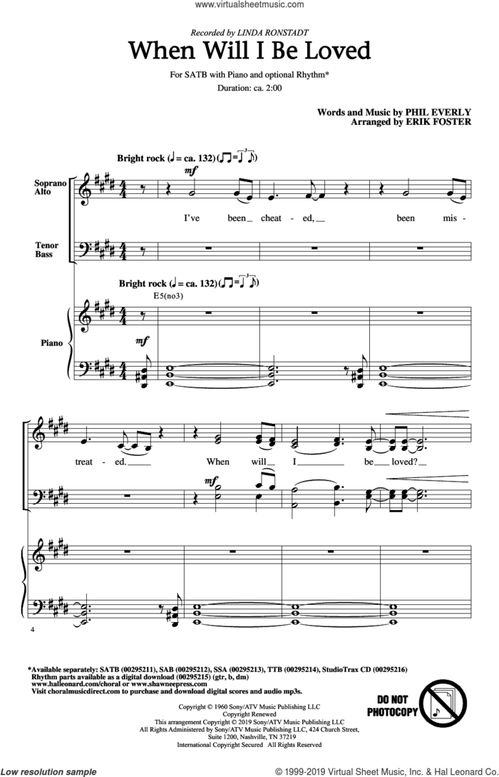 When Will I Be Loved (arr. Erik Foster) sheet music for choir (SATB: soprano, alto, tenor, bass) by Linda Ronstadt, Erik Foster and Phil Everly, intermediate skill level