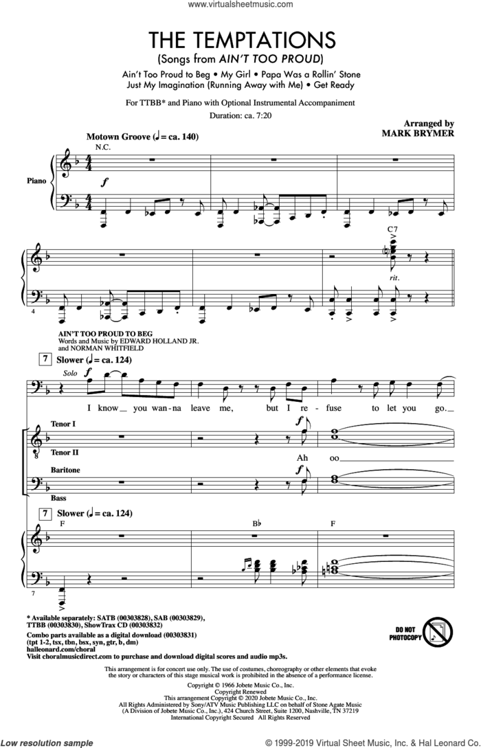 The Temptations (Songs from Ain't Too Proud) (arr. Mark Brymer) sheet music for choir (TTBB: tenor, bass) by The Temptations, Mark Brymer, Edward Holland Jr. and Norman Whitfield, intermediate skill level