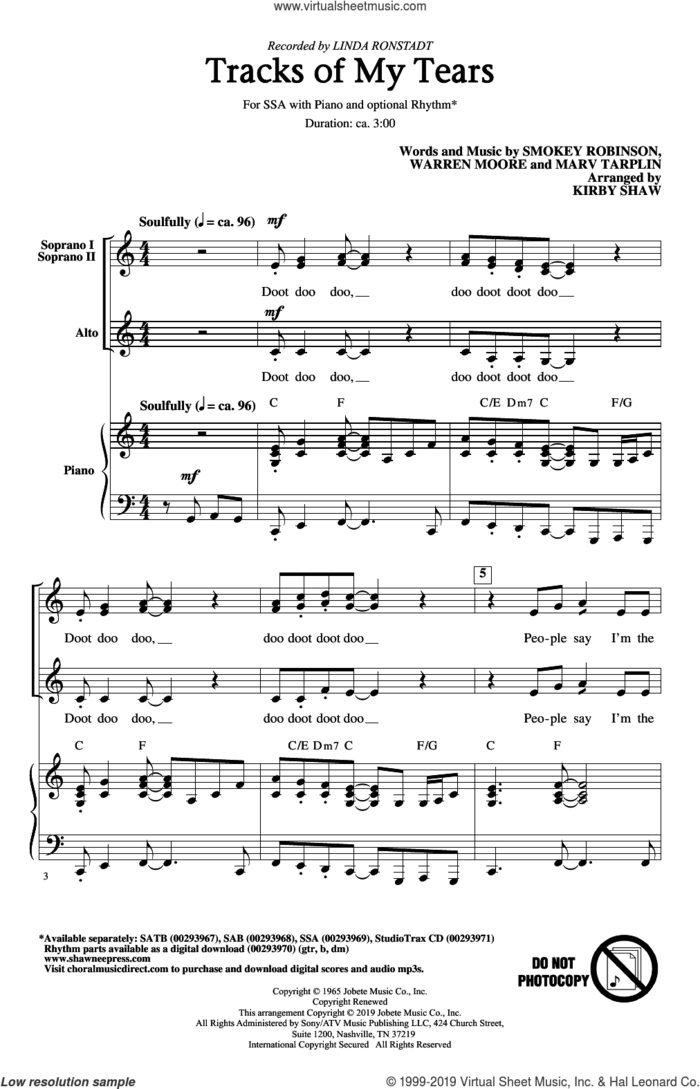 Tracks Of My Tears (arr. Kirby Shaw) sheet music for choir (SSA: soprano, alto) by Linda Ronstadt, Kirby Shaw, The Miracles, Marvin Tarplin and Warren Moore, intermediate skill level