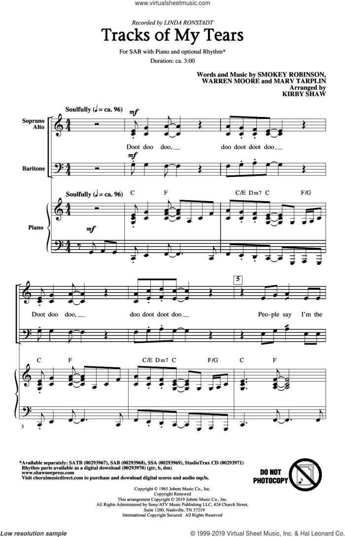 Tracks Of My Tears (arr. Kirby Shaw) sheet music for choir (SAB: soprano, alto, bass) by Linda Ronstadt, Kirby Shaw, The Miracles, Marvin Tarplin and Warren Moore, intermediate skill level