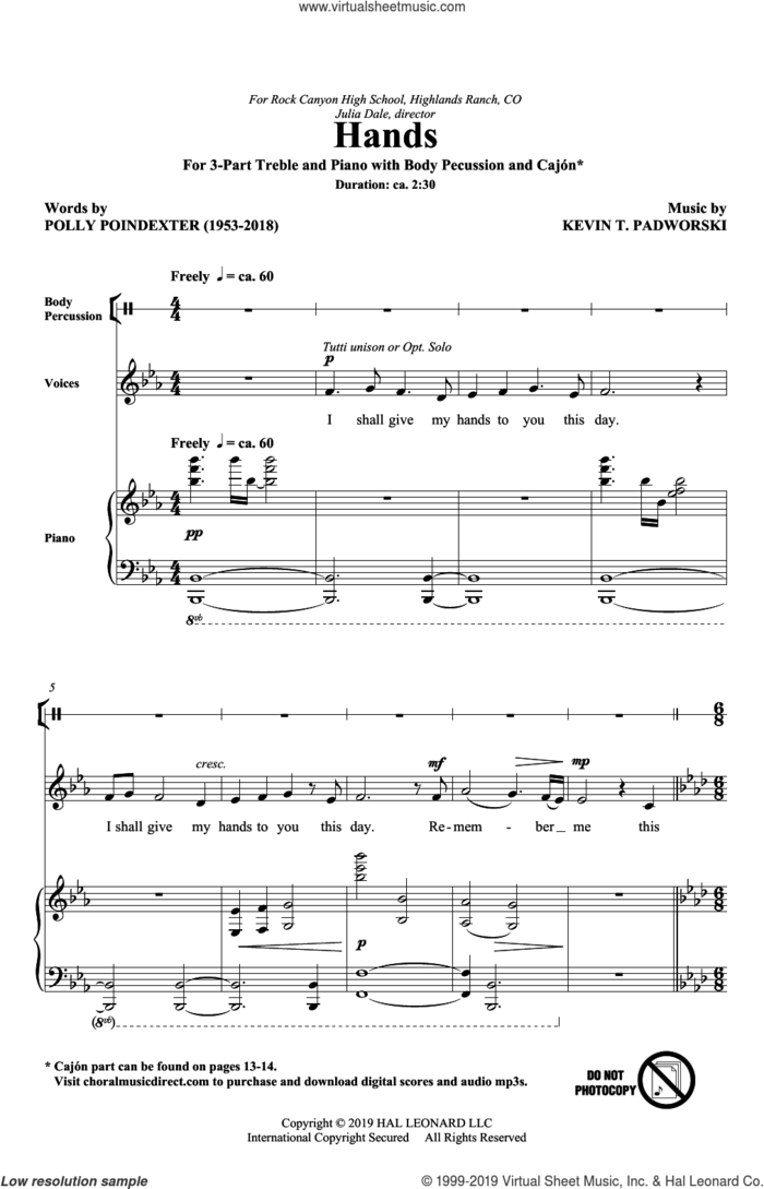 Hands sheet music for choir (SSA: soprano, alto) by Kevin T. Padworski, Polly Poindexter and Polly Poindexter and Kevin T. Padworski, intermediate skill level