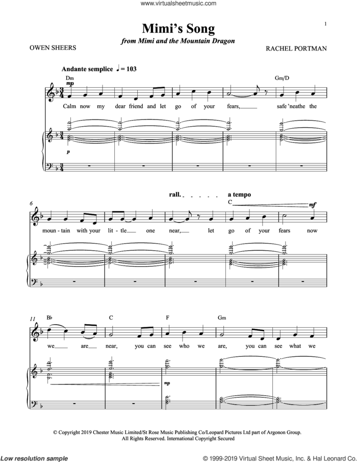 Mimi's Song (from Mimi and the Mountain Dragon) sheet music for voice and piano by Rachel Portman and Owen Sheers, intermediate skill level
