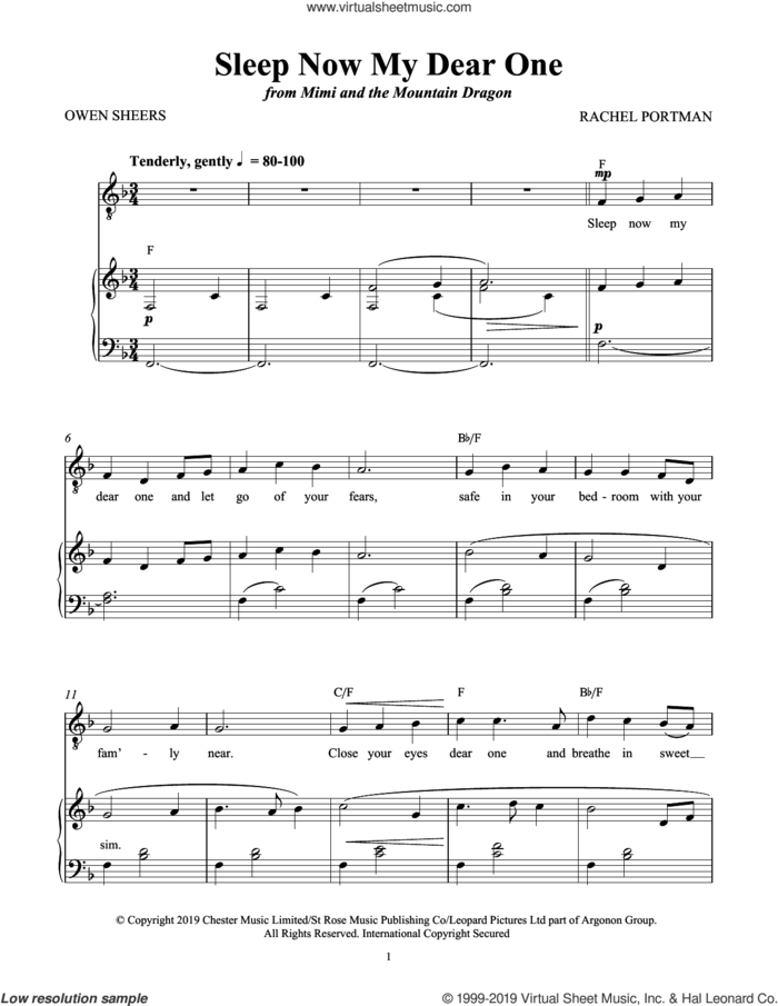 Sleep Now My Dear One (from Mimi and the Mountain Dragon) sheet music for voice and piano by Rachel Portman and Owen Sheers, intermediate skill level