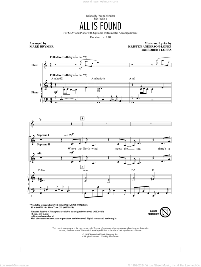 All Is Found (from Disney's Frozen 2) (arr. Mark Brymer) sheet music for choir (SSA: soprano, alto) by Evan Rachel Wood, Mark Brymer, Kristen Anderson-Lopez and Robert Lopez, intermediate skill level