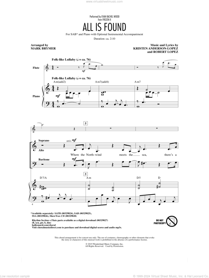 All Is Found (from Disney's Frozen 2) (arr. Mark Brymer) sheet music for choir (SAB: soprano, alto, bass) by Evan Rachel Wood, Mark Brymer, Kristen Anderson-Lopez and Robert Lopez, intermediate skill level