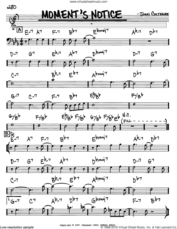 Moment's Notice sheet music for voice and other instruments (bass clef) by John Coltrane, intermediate skill level