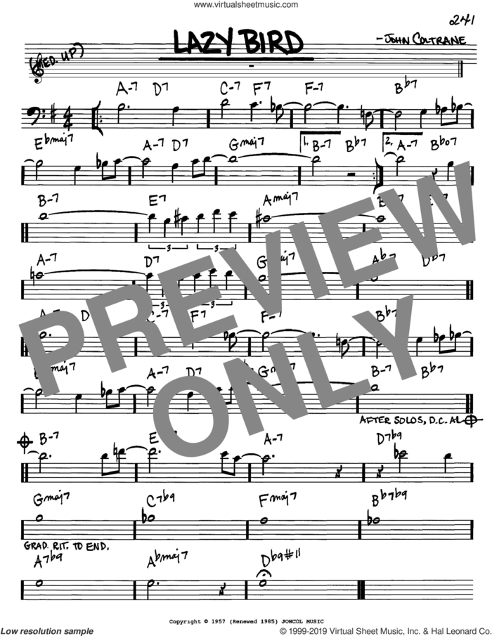Lazy Bird sheet music for voice and other instruments (bass clef) by John Coltrane, intermediate skill level