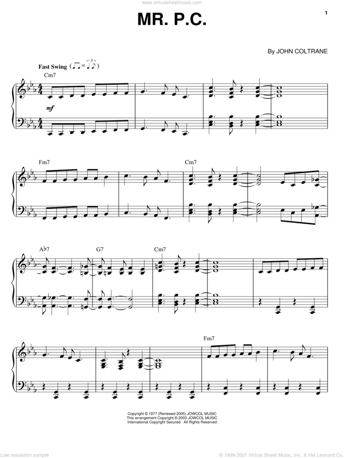 Mr. P.C. sheet music for piano solo by John Coltrane, intermediate skill level