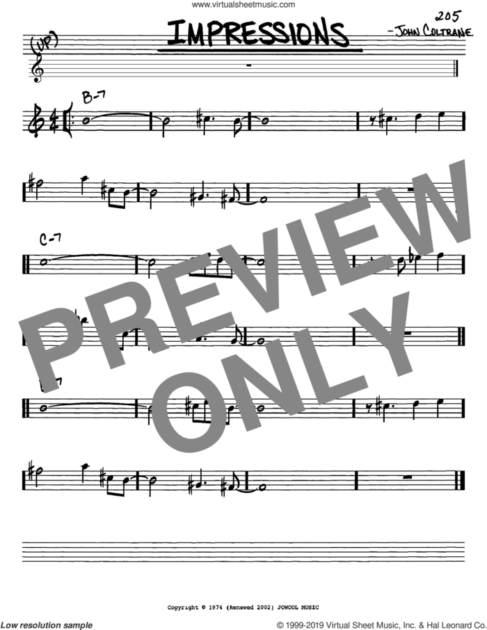 Impressions sheet music for voice and other instruments (in Eb) by John Coltrane, intermediate skill level
