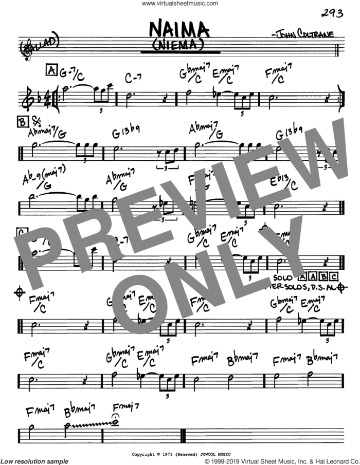 Naima (Niema) sheet music for voice and other instruments (in Eb) by John Coltrane, intermediate skill level
