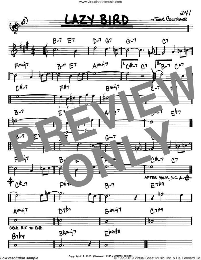 Lazy Bird sheet music for voice and other instruments (in Bb) by John Coltrane, intermediate skill level