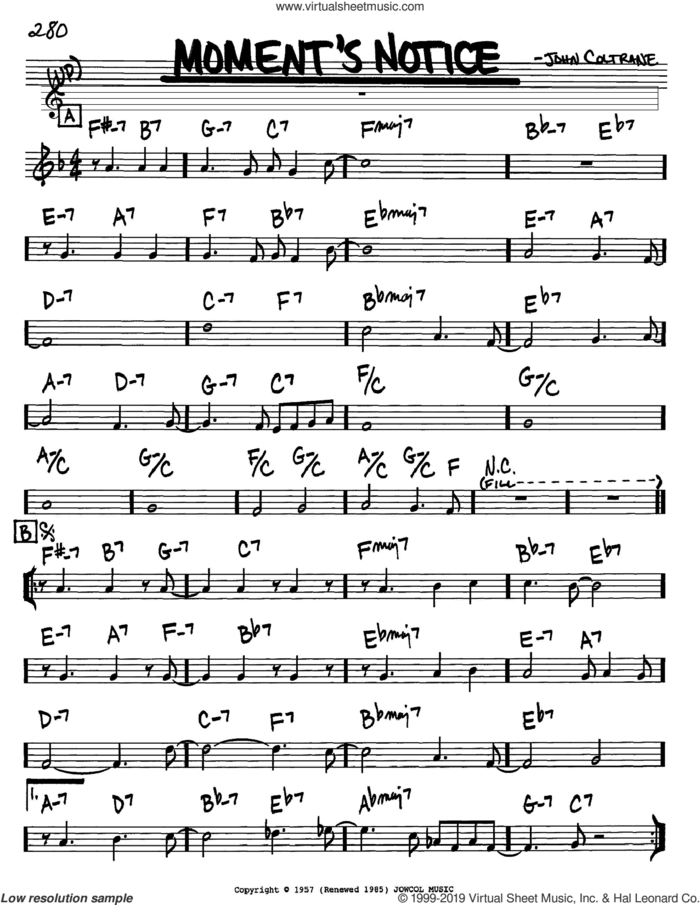 Moment's Notice sheet music for voice and other instruments (in Bb) by John Coltrane, intermediate skill level