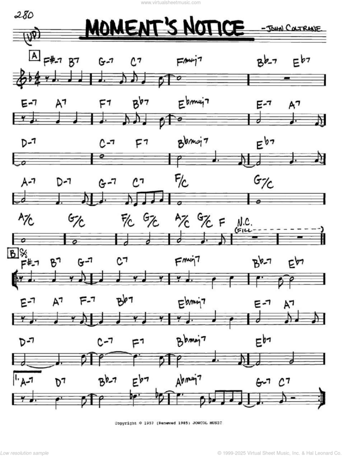 Moment's Notice sheet music for voice and other instruments (in Bb) by John Coltrane, intermediate skill level