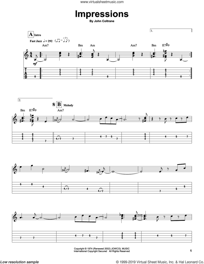 Impressions sheet music for guitar (tablature, play-along) by John Coltrane, intermediate skill level