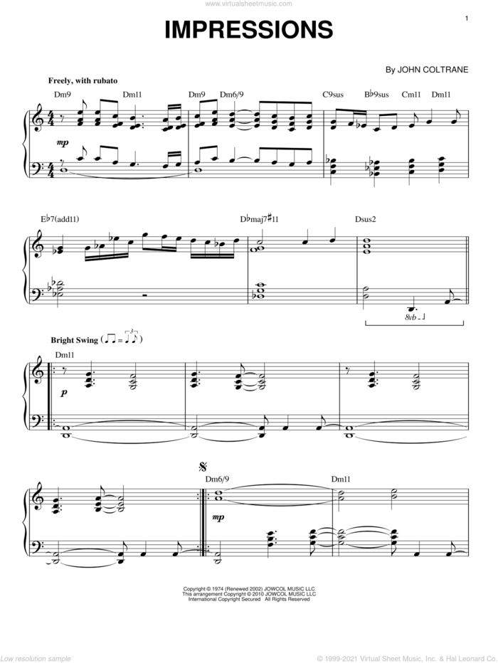Impressions (arr. Brent Edstrom) sheet music for piano solo by John Coltrane and Brent Edstrom, intermediate skill level