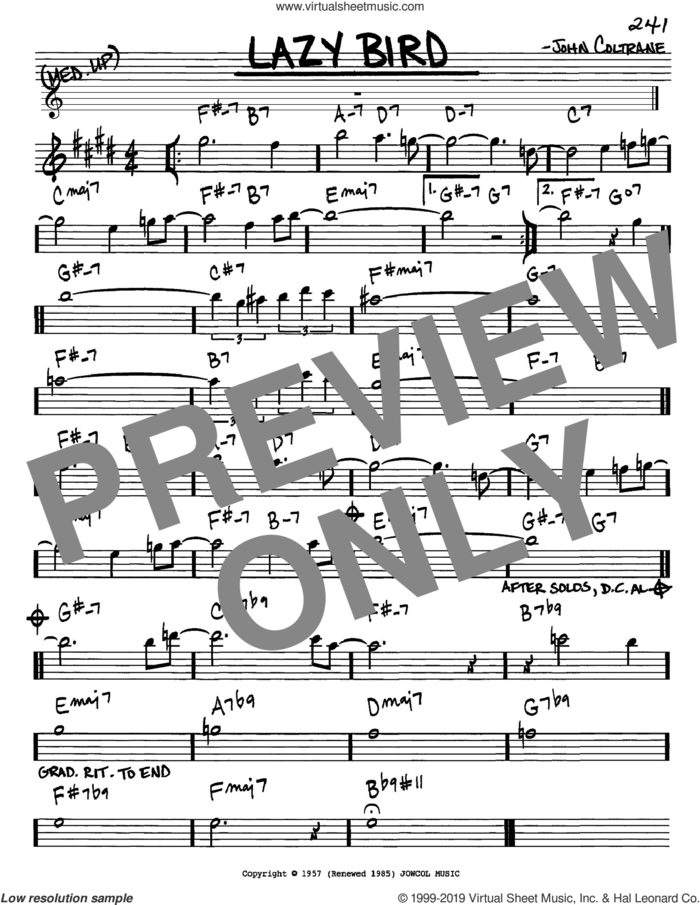 Lazy Bird sheet music for voice and other instruments (in Eb) by John Coltrane, intermediate skill level