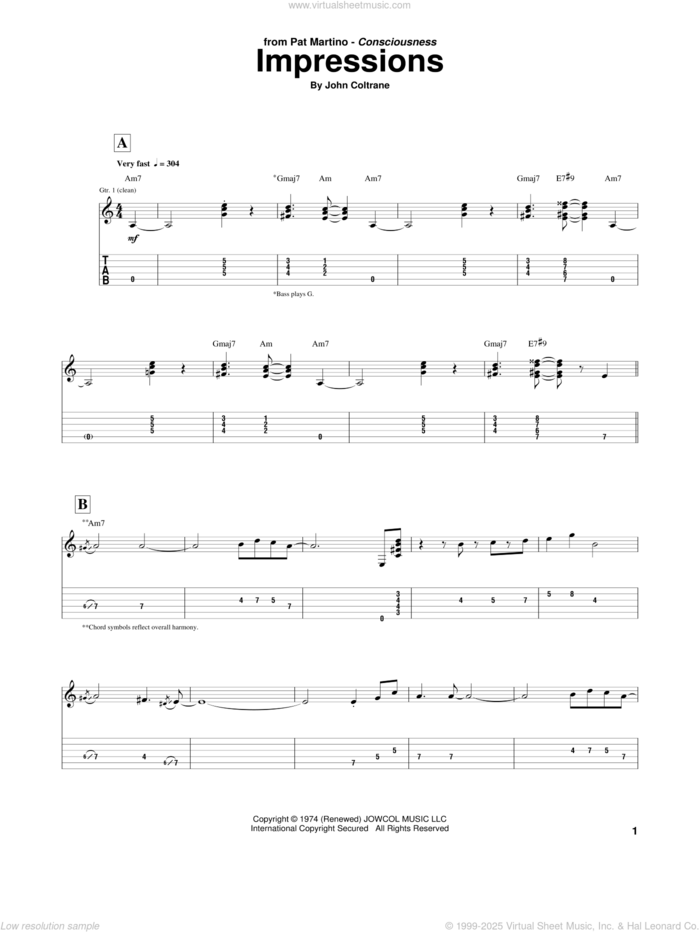 Impressions sheet music for guitar (tablature) by Pat Martino and John Coltrane, intermediate skill level