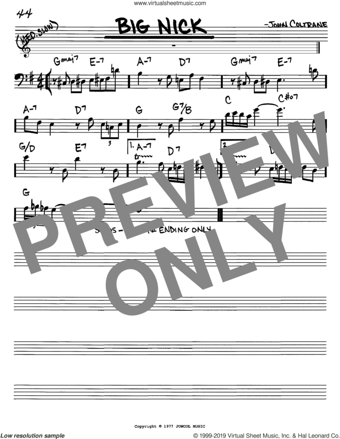 Big Nick sheet music for voice and other instruments (bass clef) by John Coltrane, intermediate skill level