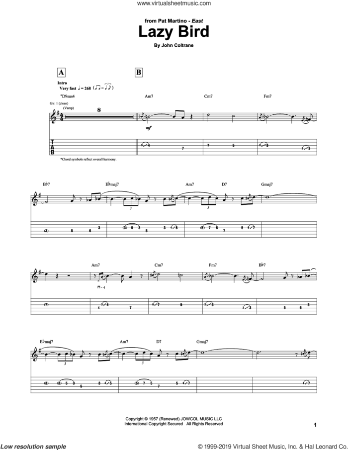 Lazy Bird sheet music for guitar (tablature) by Pat Martino and John Coltrane, intermediate skill level