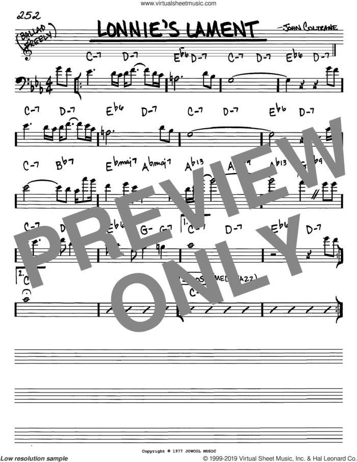 Lonnie's Lament sheet music for voice and other instruments (bass clef) by John Coltrane, intermediate skill level