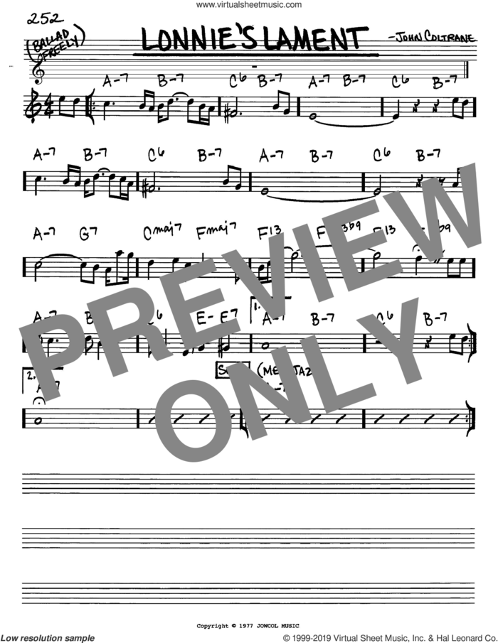 Lonnie's Lament sheet music for voice and other instruments (in Eb) by John Coltrane, intermediate skill level