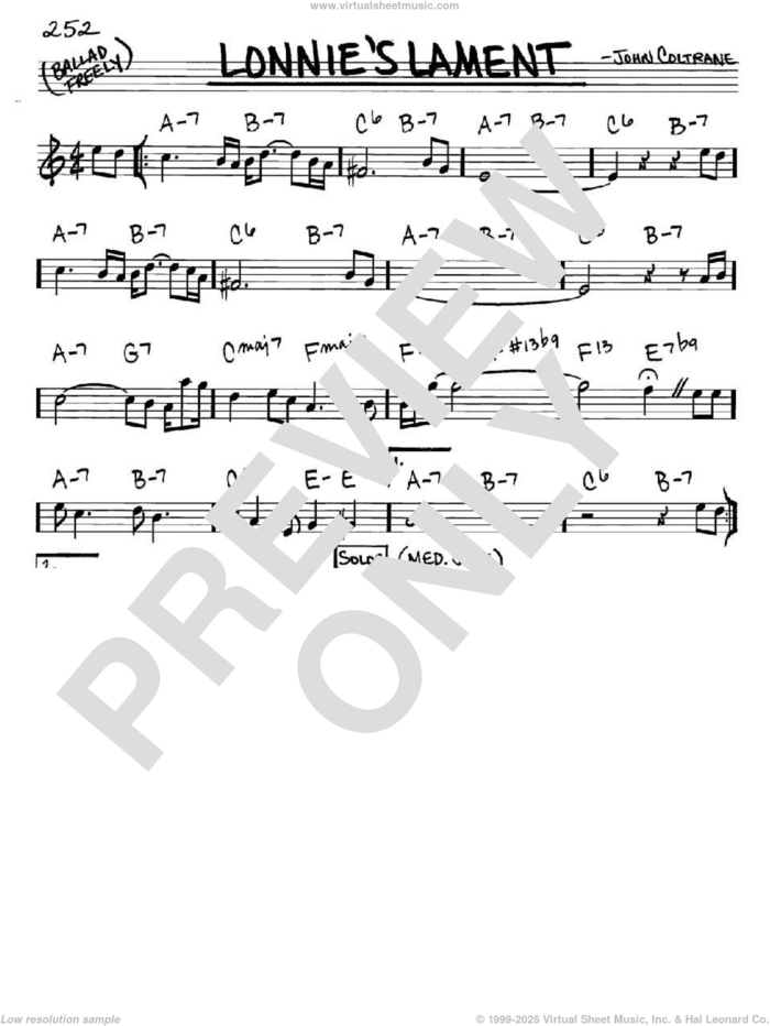 Lonnie's Lament sheet music for voice and other instruments (in Eb) by John Coltrane, intermediate skill level