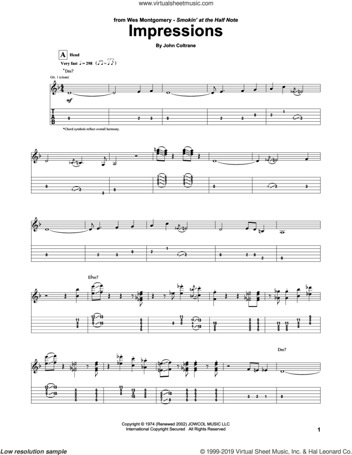 Impressions sheet music for guitar (tablature) by Wes Montgomery and John Coltrane, intermediate skill level