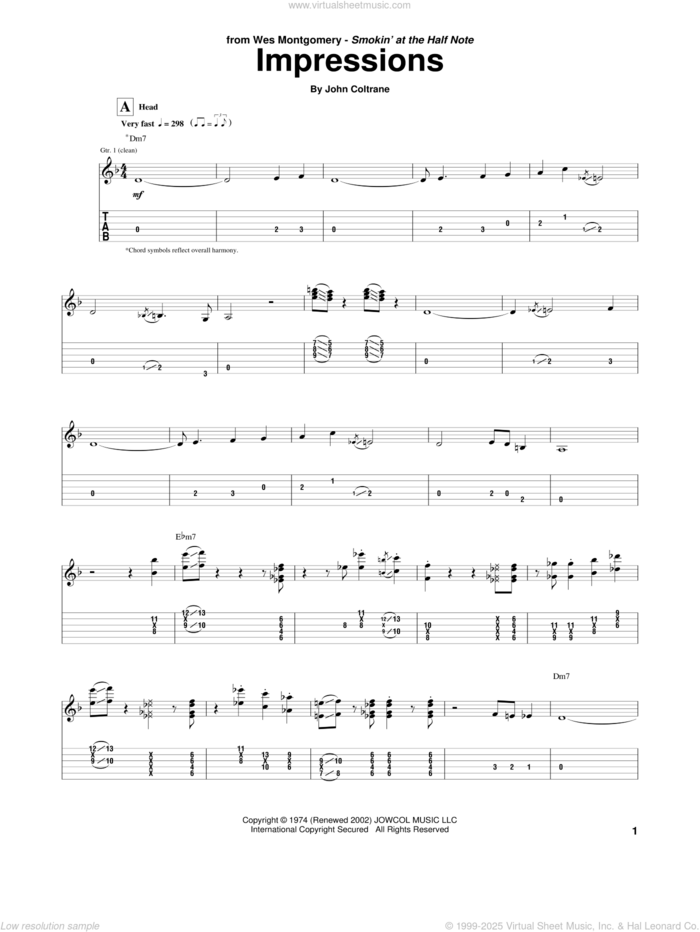 Impressions sheet music for guitar (tablature) by Wes Montgomery and John Coltrane, intermediate skill level