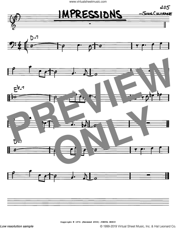 Impressions sheet music for voice and other instruments (bass clef) by John Coltrane, intermediate skill level