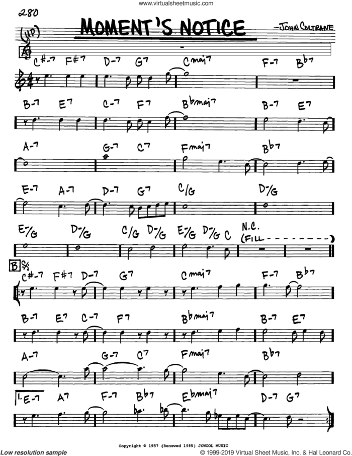 Moment's Notice sheet music for voice and other instruments (in Eb) by John Coltrane, intermediate skill level