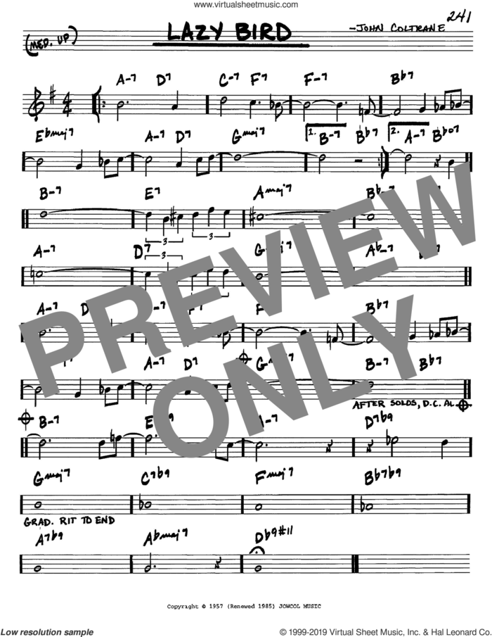 Lazy Bird sheet music for voice and other instruments (in C) by John Coltrane, intermediate skill level