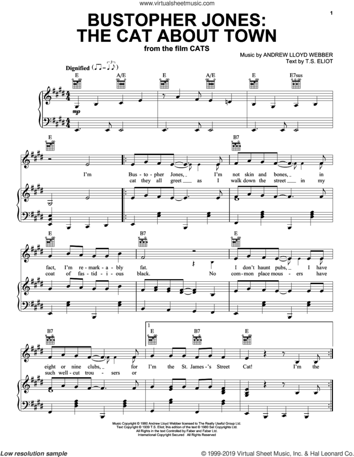 Bustopher Jones: The Cat About Town (from the Motion Picture Cats) sheet music for voice, piano or guitar by James Corden, Andrew Lloyd Webber and T.S. Eliot, intermediate skill level