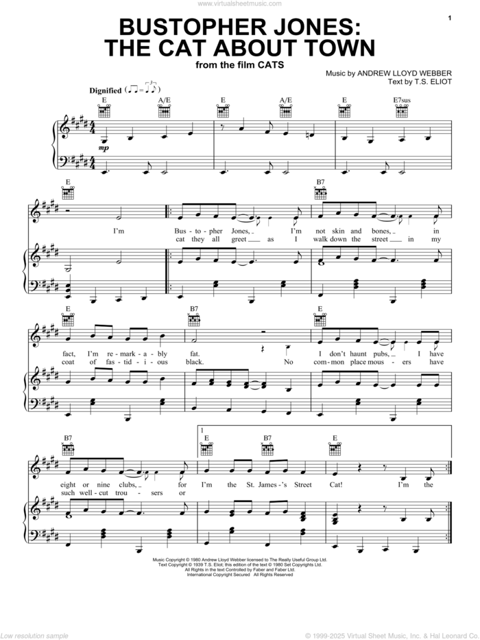 Bustopher Jones: The Cat About Town (from the Motion Picture Cats) sheet music for voice, piano or guitar by James Corden, Andrew Lloyd Webber and T.S. Eliot, intermediate skill level