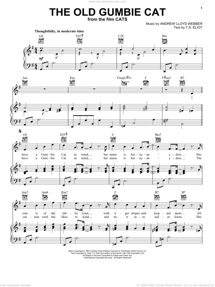 The Old Gumbie Cat (from the Motion Picture Cats) sheet music for voice, piano or guitar by Rebel Wilson and Robbie Fairchild, Andrew Lloyd Webber and T.S. Eliot, intermediate skill level