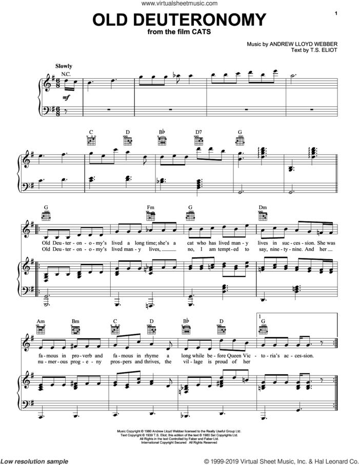 Old Deuteronomy (from the Motion Picture Cats) sheet music for voice, piano or guitar by Robbie Fairchild, Andrew Lloyd Webber and T.S. Eliot, intermediate skill level