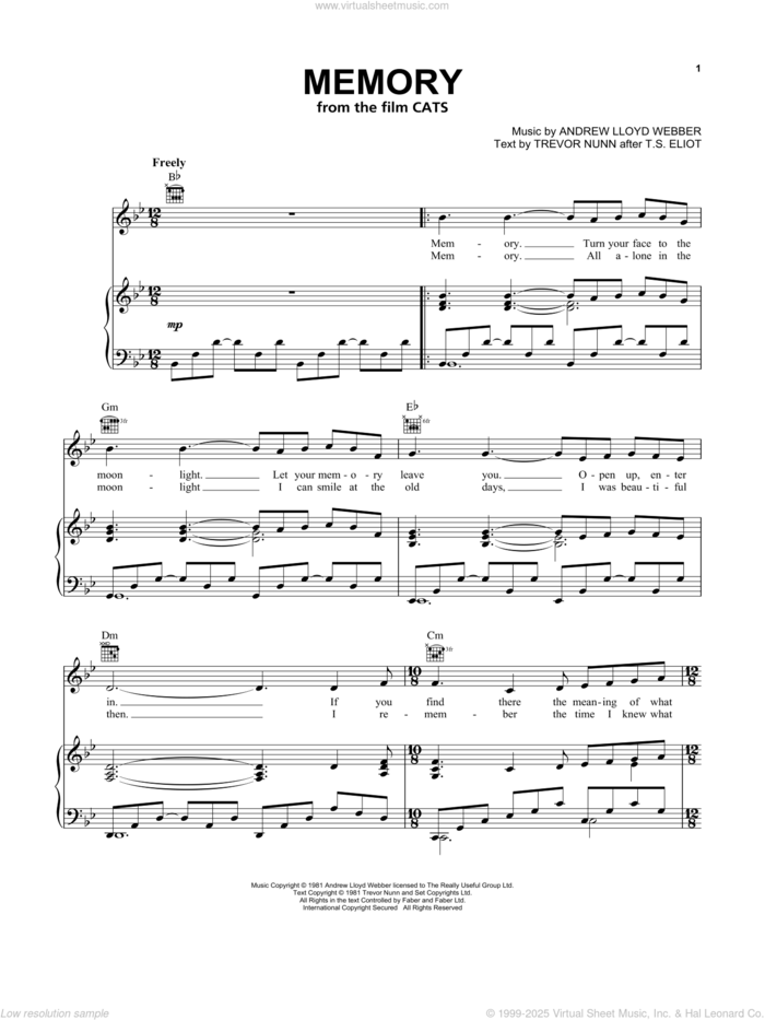 Memory (from the Motion Picture Cats) sheet music for voice, piano or guitar by Jennifer Hudson, Andrew Lloyd Webber and Trevor Nunn, intermediate skill level