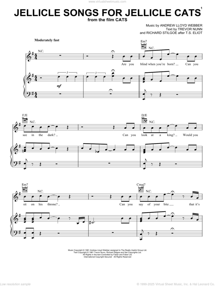 Jellicle Songs For Jellicle Cats (from the Motion Picture Cats) sheet music for voice, piano or guitar by Cats Cast, Andrew Lloyd Webber, Richard Stilgoe after T.S. Eli and Trevor Nunn, intermediate skill level