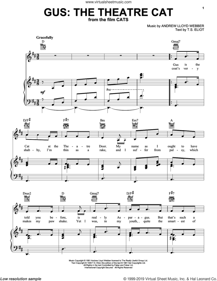 Gus: The Theatre Cat (from the Motion Picture Cats) sheet music for voice, piano or guitar by Ian McKellen, Andrew Lloyd Webber and T.S. Eliot, intermediate skill level