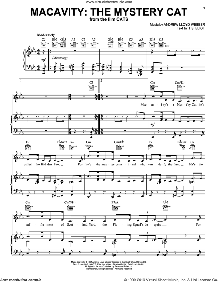 Macavity: The Mystery Cat (from the Motion Picture Cats) sheet music for voice, piano or guitar by Taylor Swift, Andrew Lloyd Webber and T.S. Eliot, intermediate skill level