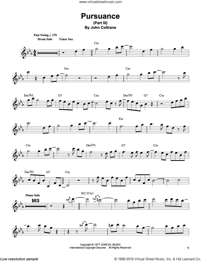 Pursuance sheet music for tenor saxophone solo (transcription) by John Coltrane, intermediate tenor saxophone (transcription)