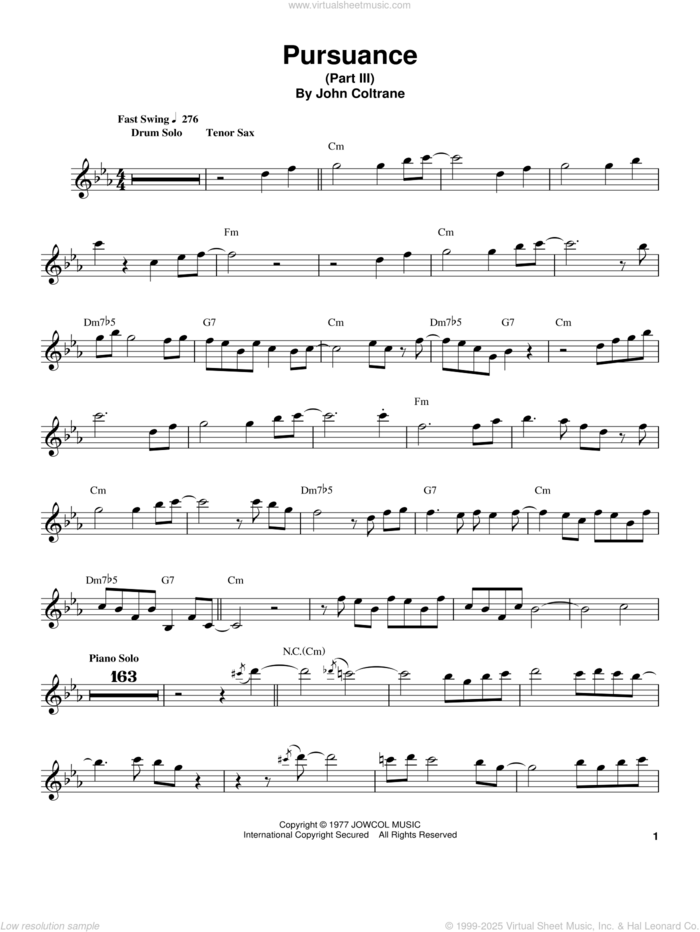 Pursuance sheet music for tenor saxophone solo (transcription) by John Coltrane, intermediate tenor saxophone (transcription)