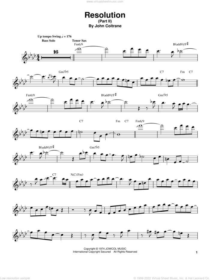 Resolution (Part II) sheet music for tenor saxophone solo (transcription) by John Coltrane, intermediate tenor saxophone (transcription)