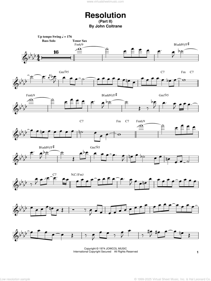 Resolution (Part II) sheet music for tenor saxophone solo (transcription) by John Coltrane, intermediate tenor saxophone (transcription)