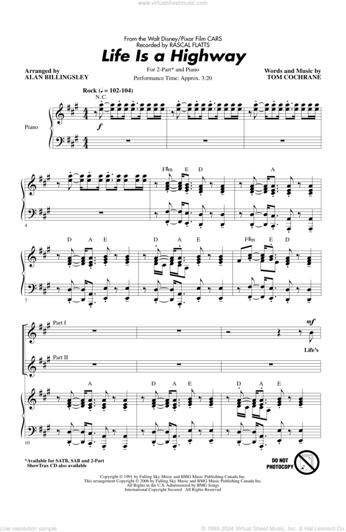 Life Is A Highway (from Cars) (arr. Alan Billingsley) sheet music for choir (2-Part) by Rascal Flatts, Alan Billingsley and Tom Cochrane, intermediate duet