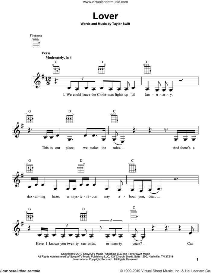 Lover sheet music for ukulele by Taylor Swift, intermediate skill level