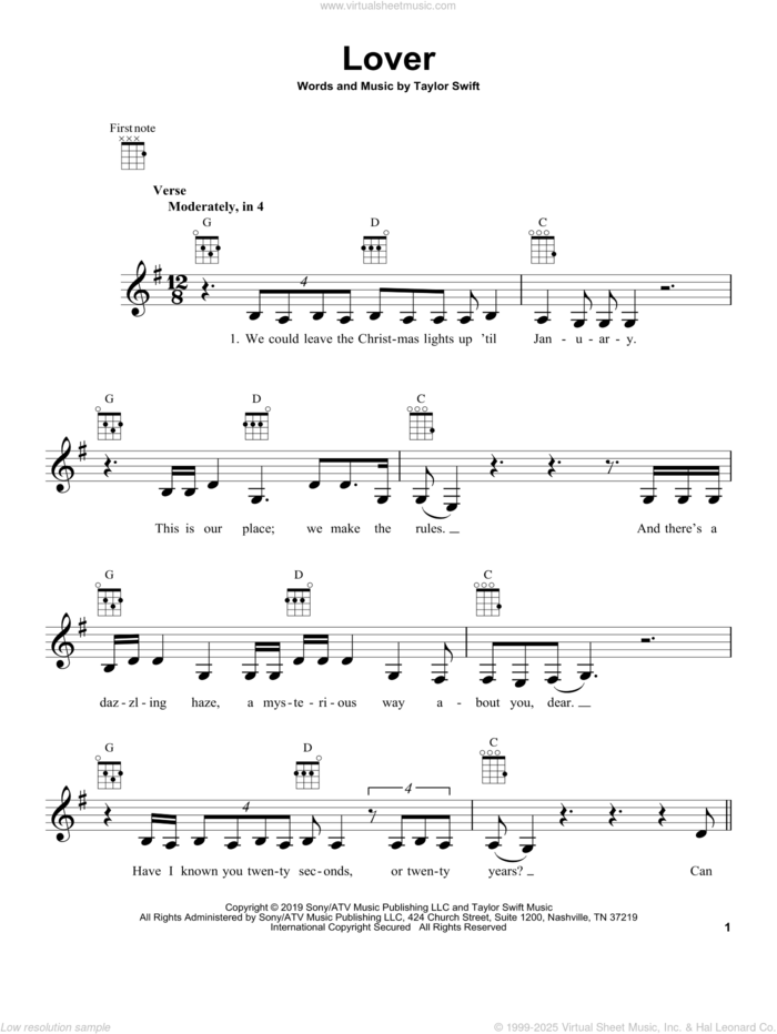 Lover sheet music for ukulele by Taylor Swift, intermediate skill level