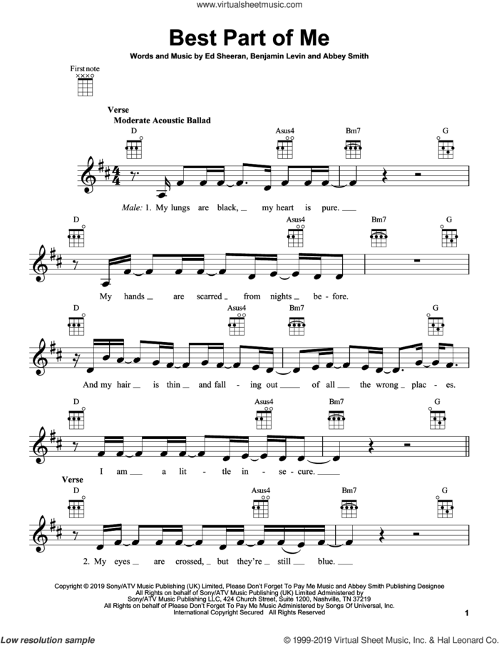 Best Part Of Me (feat. YEBBA) sheet music for ukulele by Ed Sheeran, Abbey Smith and Benjamin Levin, intermediate skill level