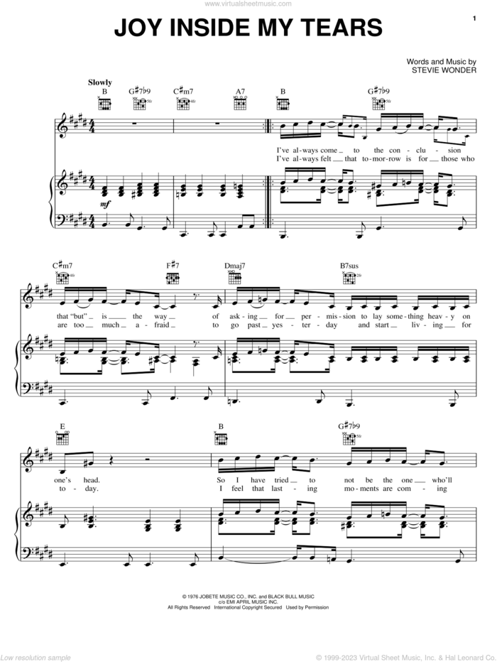 Joy Inside My Tears sheet music for voice, piano or guitar by Stevie Wonder, intermediate skill level